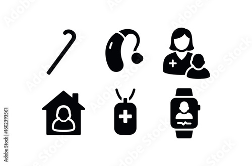 solid icon isolated senior citizen walking cane senior citizen hearing aid amplifier senior citizen care coordinator senior citizen community center senior citizen alert pendant senior