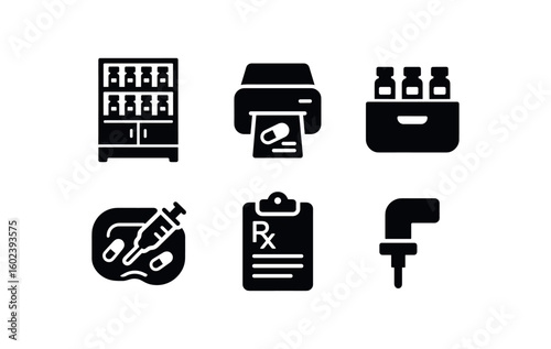 solid icon isolated medication dispensing electronic cabinet medication dispensing labeling printer medication dispensing inventory module medication dispensing syringe tray medication