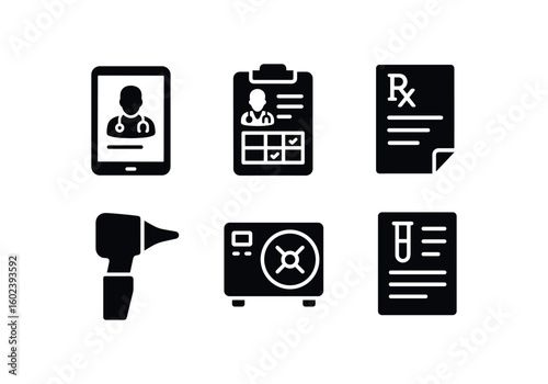 solid icon isolated general practitioner EHR interface tablet general practitioner appointment schedule board general practitioner prescription pad general practitioner otoscope general