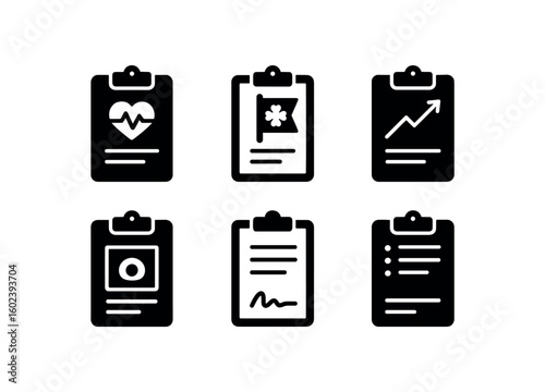 solid icon isolated medical chart lab results panel medical chart allergy flag medical chart progress note medical chart imaging section medical chart signature medical chart revision log