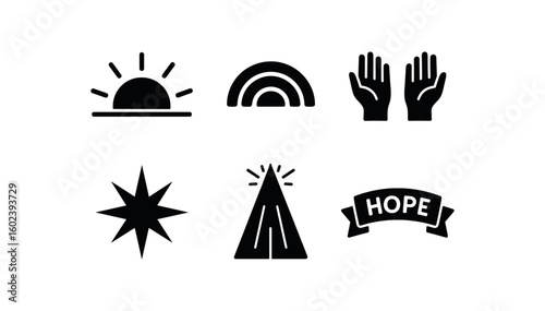 solid icon isolated hopefulness rising sun icon hopefulness rainbow arc hopefulness uplifted hands hopefulness starburst emblem hopefulness beam shaft hopefulness promise ribbon