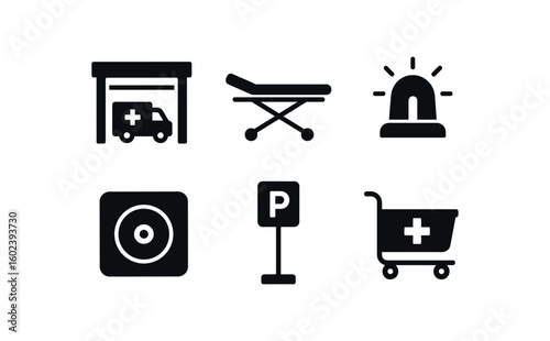 solid icon isolated ambulance bay garage door ambulance bay stretcher platform ambulance bay beacon ambulance bay oygen outlet ambulance bay parking marker ambulance bay rescue cart