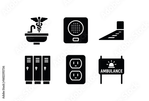 solid icon isolated ambulance bay decontamination sink ambulance bay intercom speaker ambulance bay loading ramp ambulance bay storage lockers ambulance bay power outlet ambulance bay