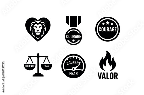 solid icon isolated courage lion heart emblem courage bravery medal badge courage challenge coin courage fortitude scale courage fear gauge courage valor flame