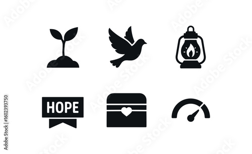 solid icon isolated hopefulness seedling sprout hopefulness dove hopefulness lantern glow hopefulness slogan banner hopefulness hope chest token hopefulness optimism gauge solid icon