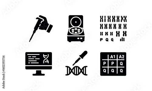 solid icon isolated geneticist pipette controller geneticist centrifuge rotor geneticist karyotype chart geneticist bioinformatics workstation geneticist gene epression probe geneticist