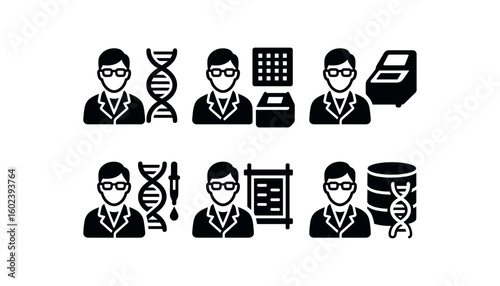 solid icon isolated geneticist DNA sequencer geneticist gene microarray geneticist PCR thermocycler geneticist CRISPR kit geneticist gel electrophoresis tank geneticist genome database