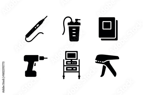 solid icon isolated surgical suite electrocautery pen surgical suite suction canister surgical suite surgical drape pack surgical suite orthopedic drill surgical suite endoscope tower