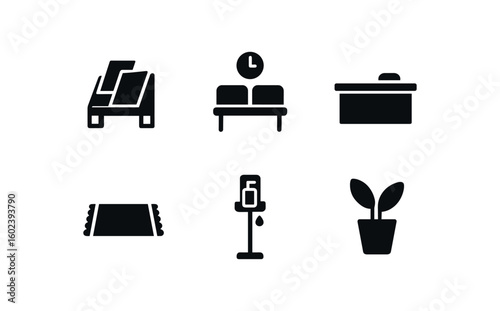 solid icon isolated waiting room magazine rack waiting room seating bench waiting room reception desk waiting room tv monitor waiting room water dispenser waiting room brochure stand solid