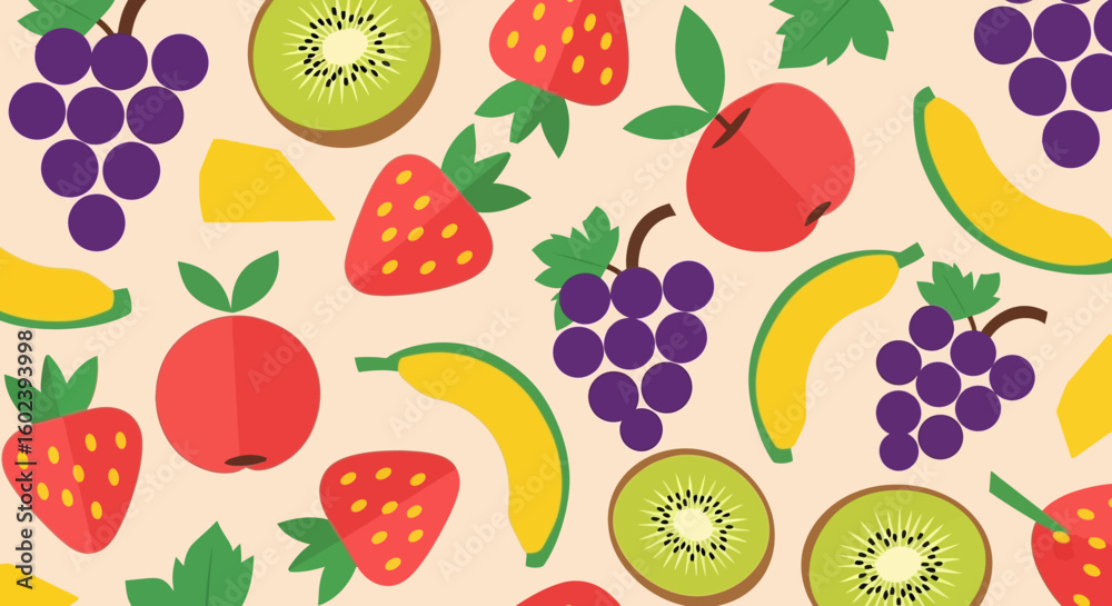 Vibrant seamless pattern of assorted fresh fruits. A colorful healthy eating concept background with apple, strawberry, and grape. Vibrant seamless pattern of assorted fresh fruits. A colorful healthy eating concept background with apple, strawberry, and grape.