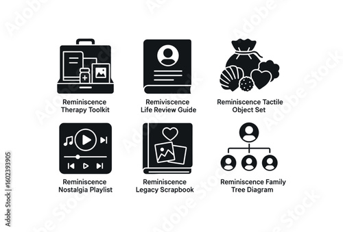 solid icon isolated reminiscence therapy toolkit reminiscence life review guide reminiscence tactile object reminiscence nostalgia playlist reminiscence legacy scrapbook reminiscence family