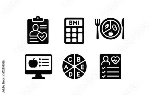 solid icon isolated dietitian meal plan chart dietitian BMI calculator dietitian portion plate model dietitian nutrition database dietitian micronutrient wheel dietitian consultation form