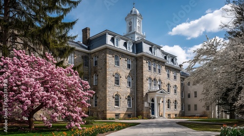 Historic old main building at penn state in spring, state college pa
