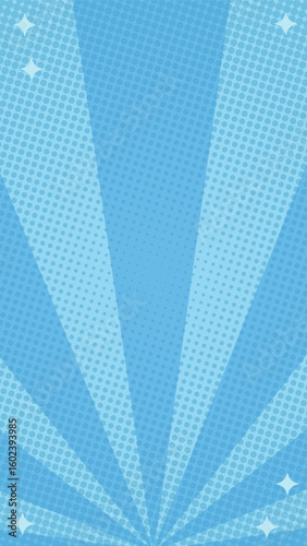 Blue vertical comic background halftone sun rays style with stars. Suitable for comics, prints, posters, etc.