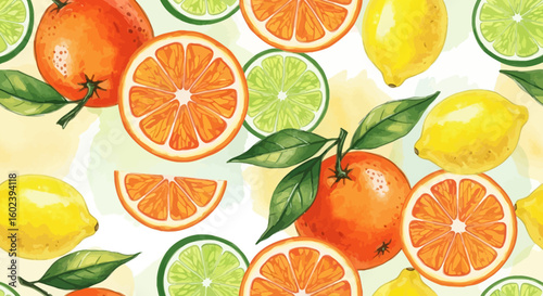 Vibrant watercolor seamless pattern of fresh citrus fruits. Hand-painted illustration of orange, lemon, and lime.