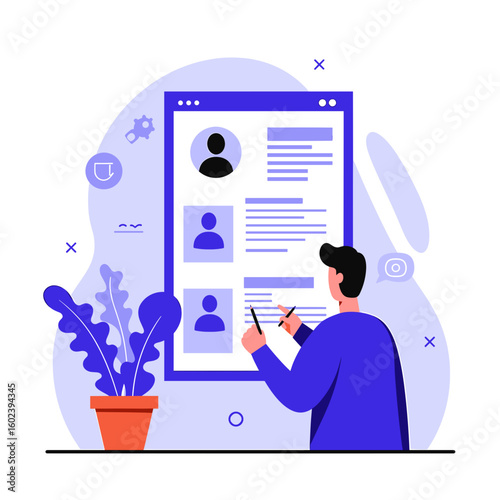 Man reviewing and editing digital profile on screen with plant  
