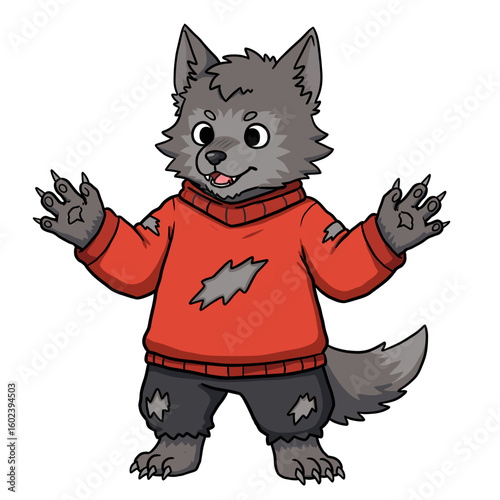 Cartoon wolf character wearing a red sweater with holes  