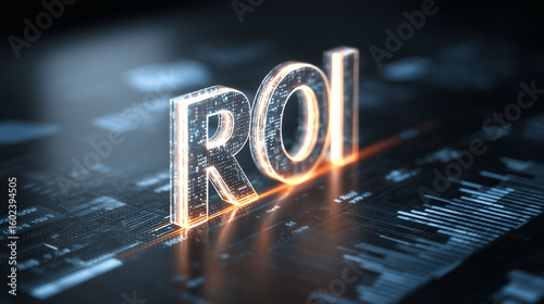 Glowing R O I text on digital data background return on investment