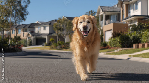 Golden Retriever dog running happily down suburban street