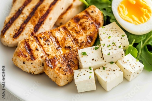 Protein Grilled chicken, boiled eggs, and tofu are placed on a clean white plate. These foods help build muscles and repair body tissues.