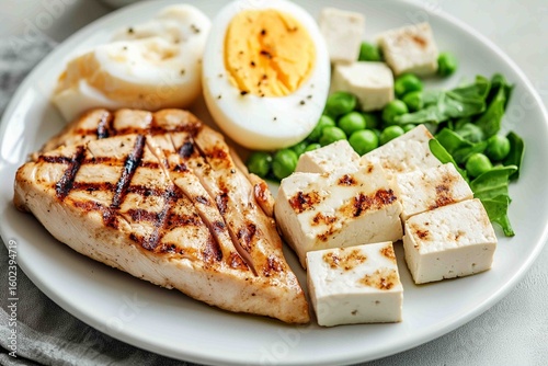 Protein Grilled chicken, boiled eggs, and tofu are placed on a clean white plate. These foods help build muscles and repair body tissues.
