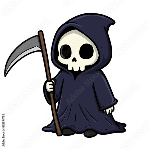 Cartoon grim reaper character holding scythe in hooded cloak  