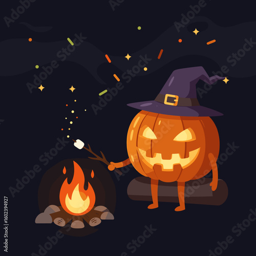 Cartoon pumpkin wearing a witch hat roasting marshmallow by fire  