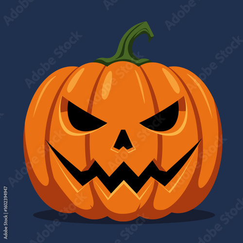 Jack-o'-lantern pumpkin with menacing face on dark blue background  