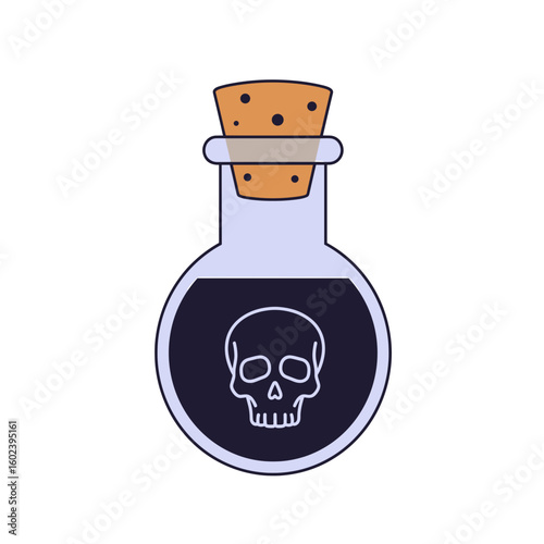 Poison bottle with skull symbol and cork stopper in flat design  