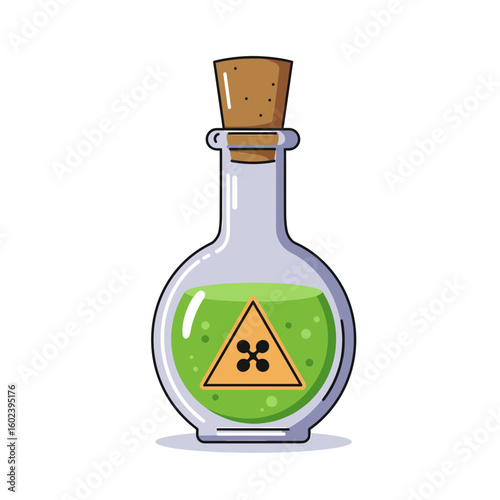 Cartoon green potion in bottle with hazard symbol and cork stopper  
