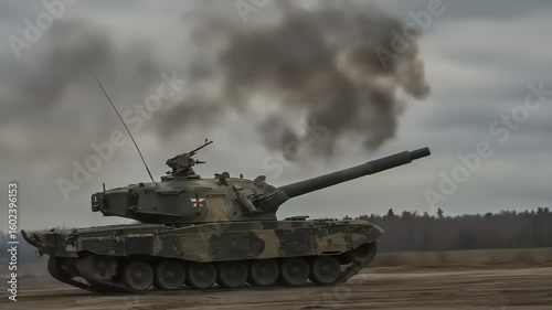 Military tank firing in a cloudy landscape, showcasing action and dramatic smoke in the background
