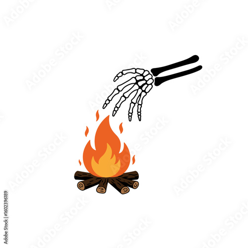 Skeleton hand roasting marshmallows over campfire flames  