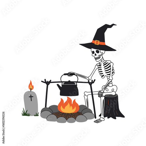 Skeleton wearing witch hat cooking over campfire with gravestone  