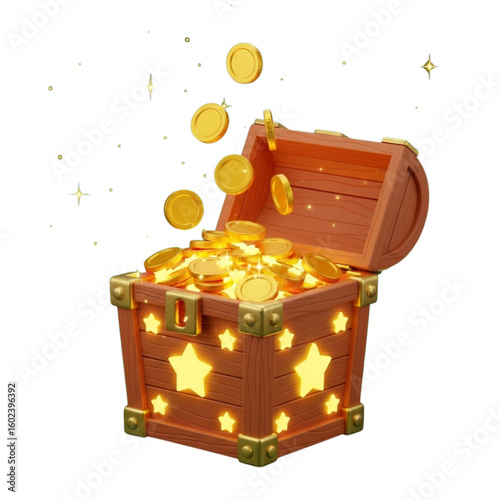 A treasure chest overflowing with gold coins and adorned with glowing stars on a white background