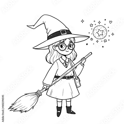 Young girl witch holding broomstick and casting spell with stars  