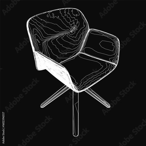 Black and white contour drawing of a sleek modern chair with curved backrest and tapered legs. The armrests and seat feature subtle curves, enhancing the contemporary aesthetic.
