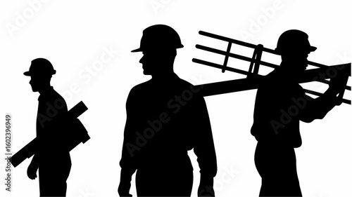 Silhouette of three workers carrying construction materials on their shoulders against a white background view