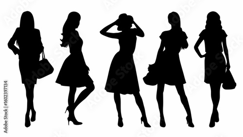 Silhouette of five women in dresses and heels posing with handbags in a fashion illustration style image