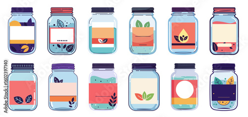 Colorful jar label designs in modern flat style for packaging, set, detox water jar 