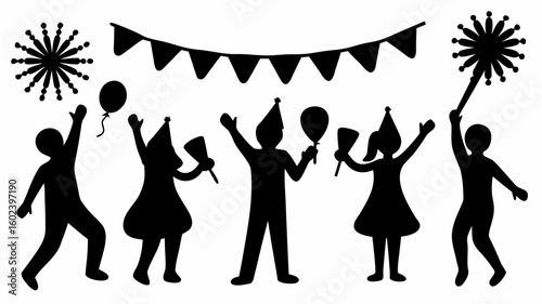 Silhouette of people celebrating with party hats, balloons, flags, and sparklers in a festive setting