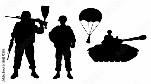 Silhouettes of soldiers with rifles, a tank, and a parachute on a white background are displayed here