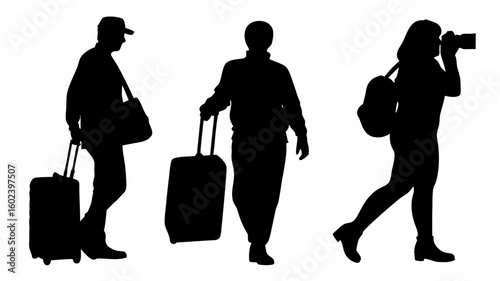Silhouettes of three travelers with luggage and camera against a white background in a simple illustration