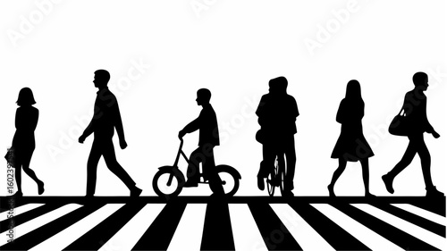 Silhouettes of people walking and riding a bicycle across a zebra crossing on a white background illustration