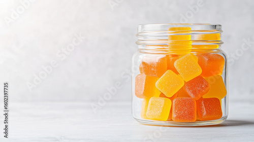 Glass jar filled with orange gummy supplements, rich in omega 3, offering gluten free option for health conscious individuals. vibrant gummies are neatly stacked, exuding cheerful and healthy vibe