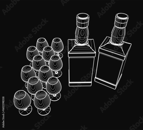 Black and white contour drawing of two bottles and symmetrical cognac glasses on a dark black background.