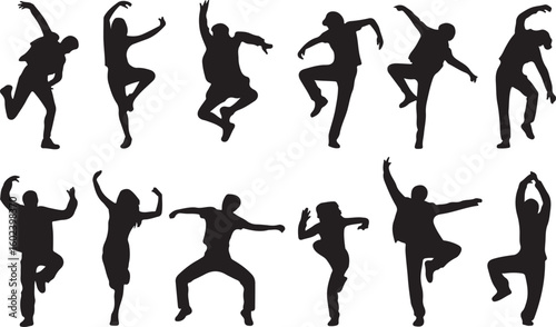 A set of men and women street dance hip hop dancers in silhouette