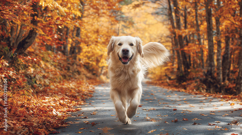 Golden Retriever running on autumn road with colorful trees