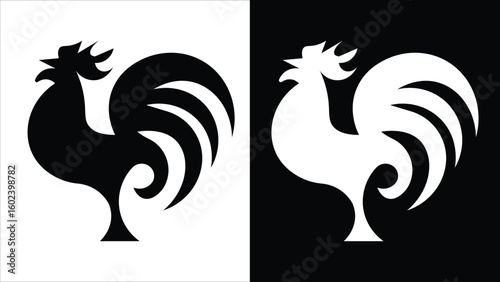 Minimalist rooster silhouette in black and white, a versatile Chicken black.eps graphic icon for farm branding