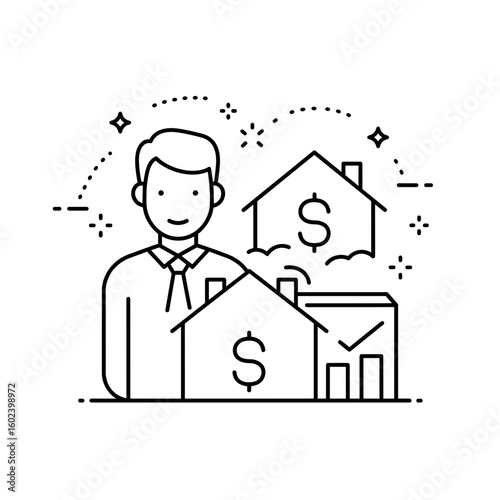 Realtor with house price symbols in line illustration