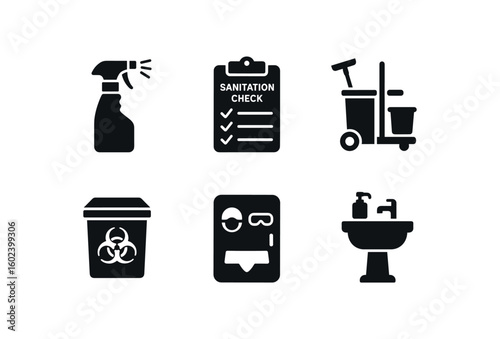 solid icon isolated disinfectant spray bottle sanitation check checklist cleaning trolley cart biohazard disposal container PPE dispenser cabinet sanitation sink station
